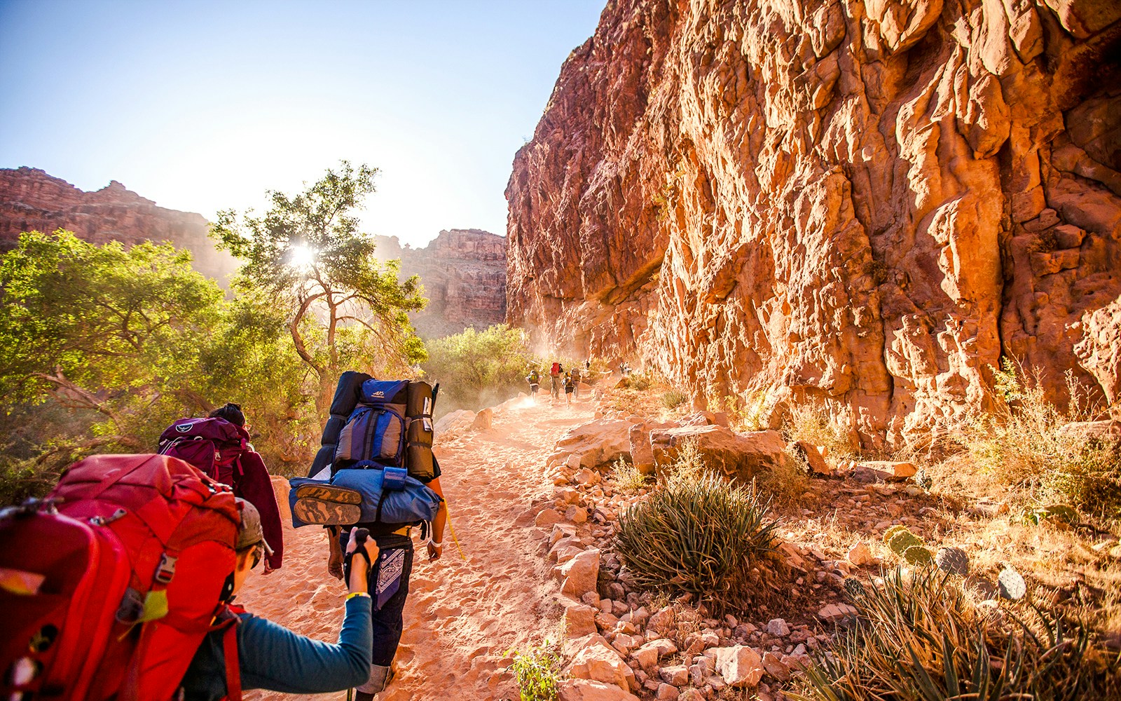 Hikers with backpacks on a trail in the Grand Canyon.