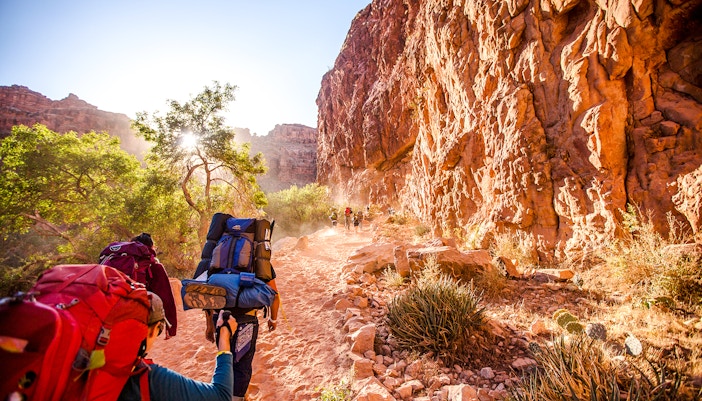 Hikers on a trail overlooking the Grand Canyon's vast landscape.