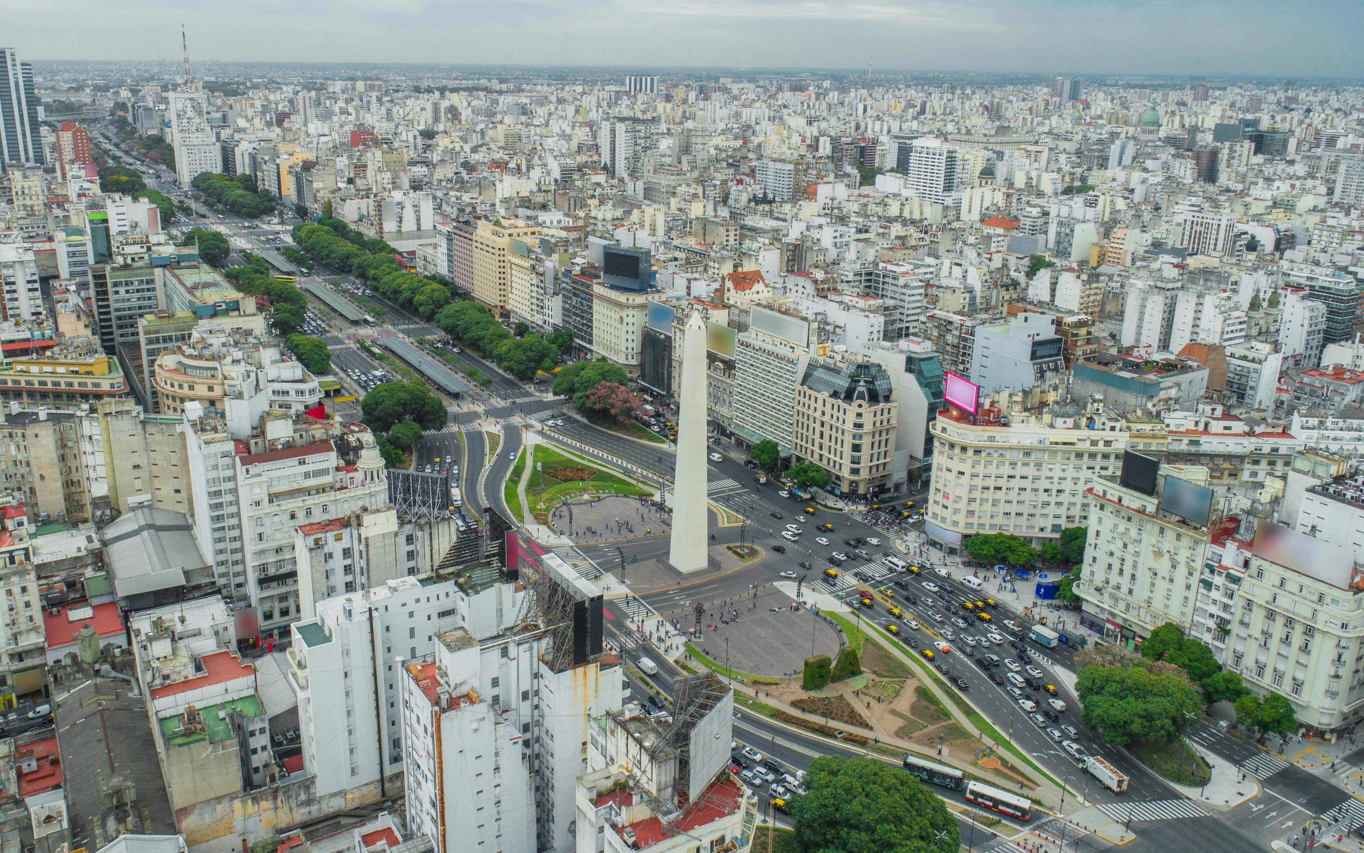 Aerial view of Obelisco de Buenos Aires and Plaza de la República, Buenos Aires, Argentina.