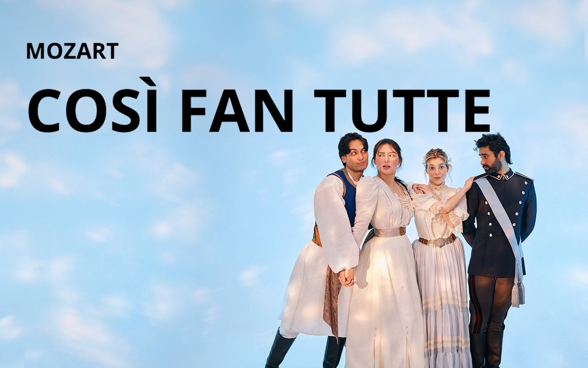 Performers in period costumes for Mozart's "Così fan tutte" against a blue sky backdrop.