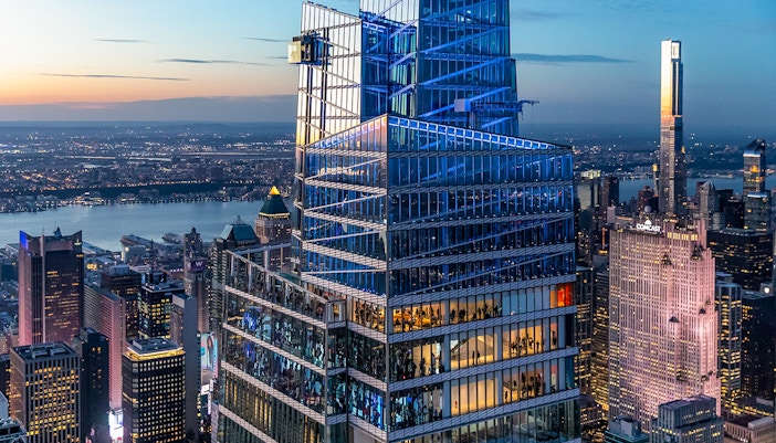 Aerial view of Summit One Vanderbilt in New York City with surrounding skyline.