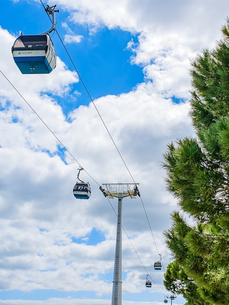 Lisbon cable cars against a blue sky near trees.