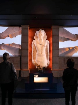 Statue of Ramesses II at "Ramses the Great and the Gold of the Pharaohs" exhibition.