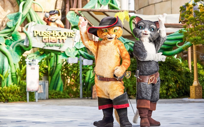Characters from Puss in Boots at Universal Studios Singapore.