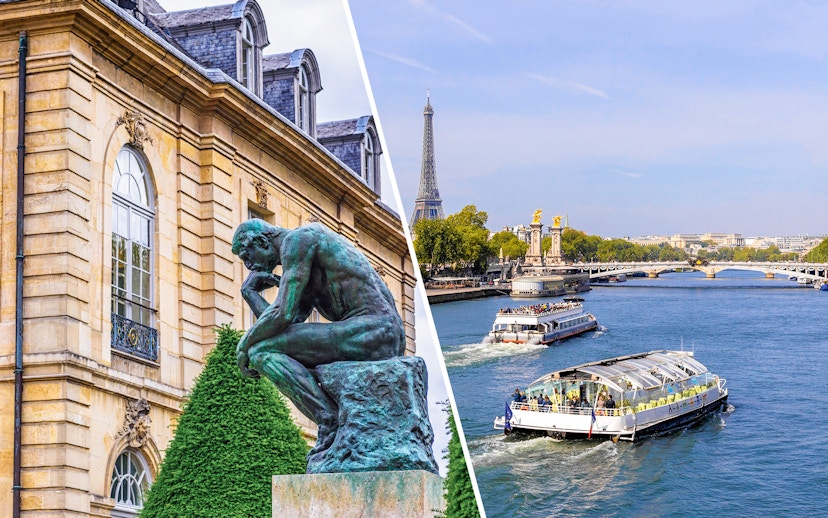 Rodin Museum sculpture and Seine River cruise boat with Eiffel Tower in Paris.