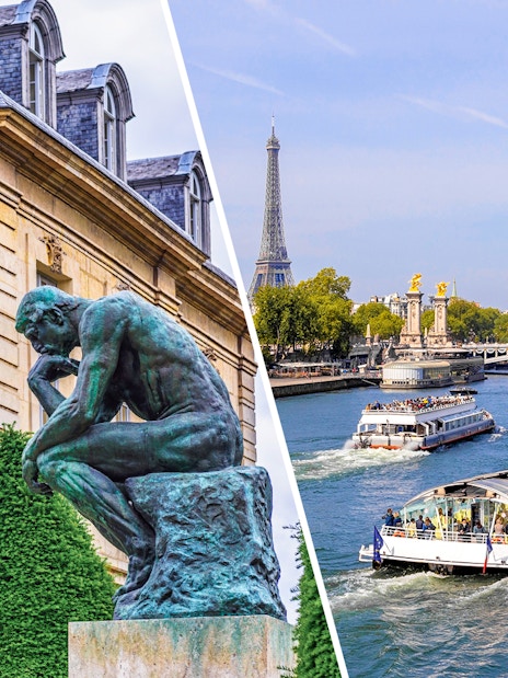 Rodin Museum sculpture and Seine River cruise boat with Eiffel Tower in Paris.