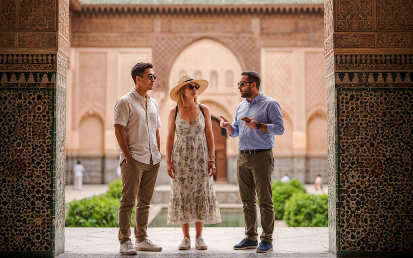 Tour guide explaining architecture to visitors at Ben Youssef Madrasa, Marrakech.