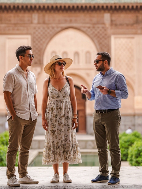 Tour guide explaining architecture to visitors at Ben Youssef Madrasa, Marrakech.