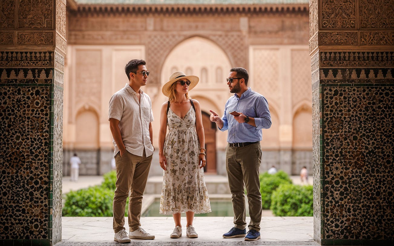 Tour guide explaining architecture to visitors at Ben Youssef Madrasa, Marrakech.