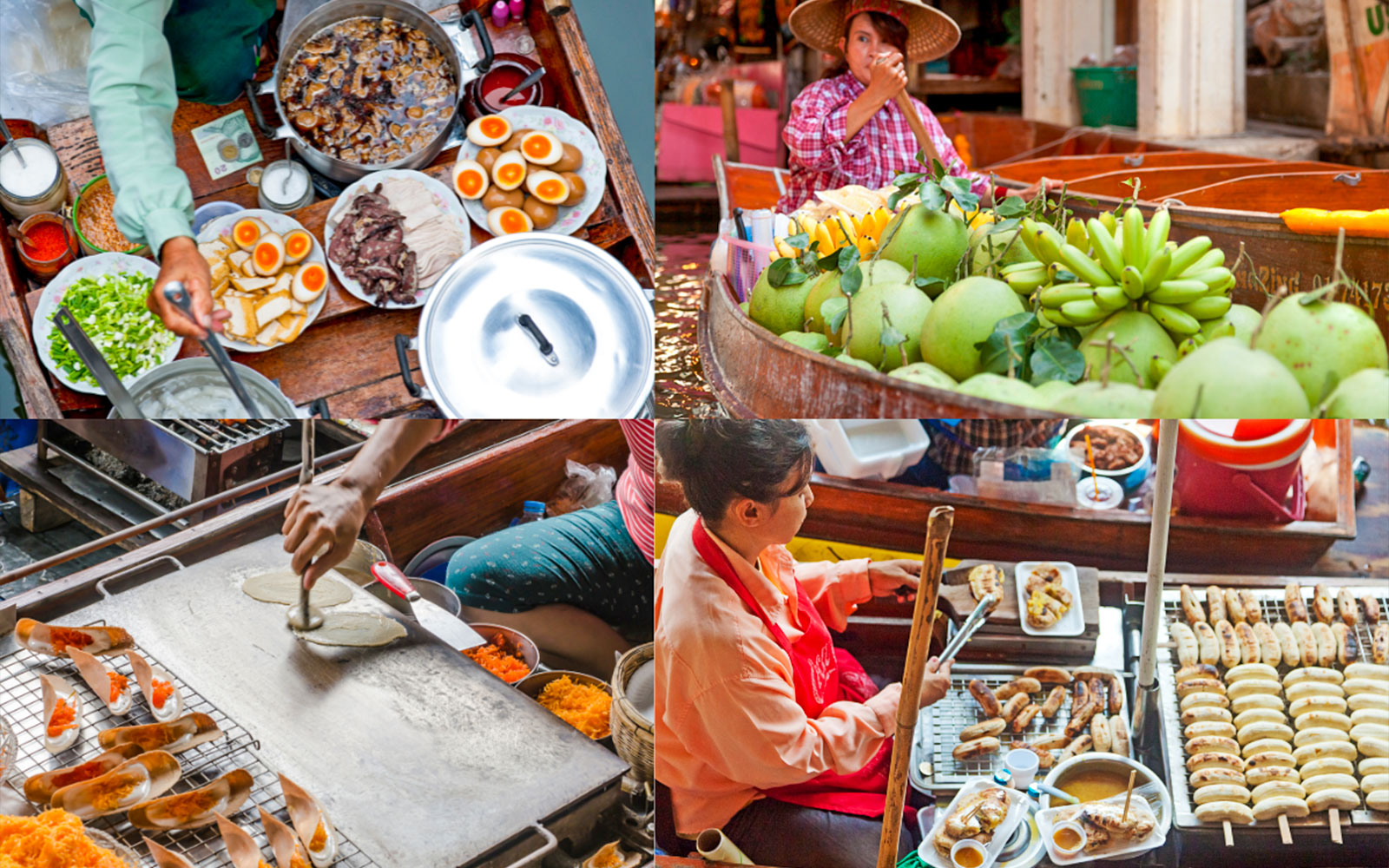 Vendors selling fresh produce and street food at Damnern Saduak Floating Market, Thailand.