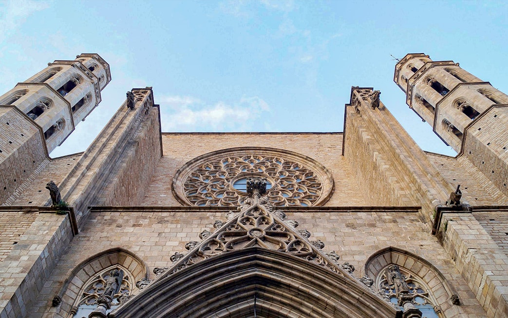 Santa Maria del Mar facade with rose window and towers, Barcelona.