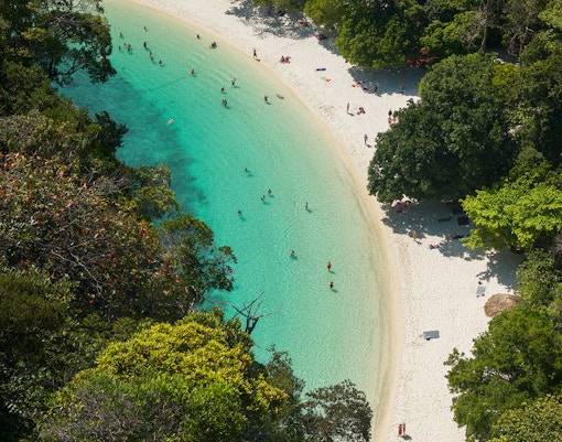Aerial view of Hong Island beach with turquoise water and lush greenery, Krabi day trip.