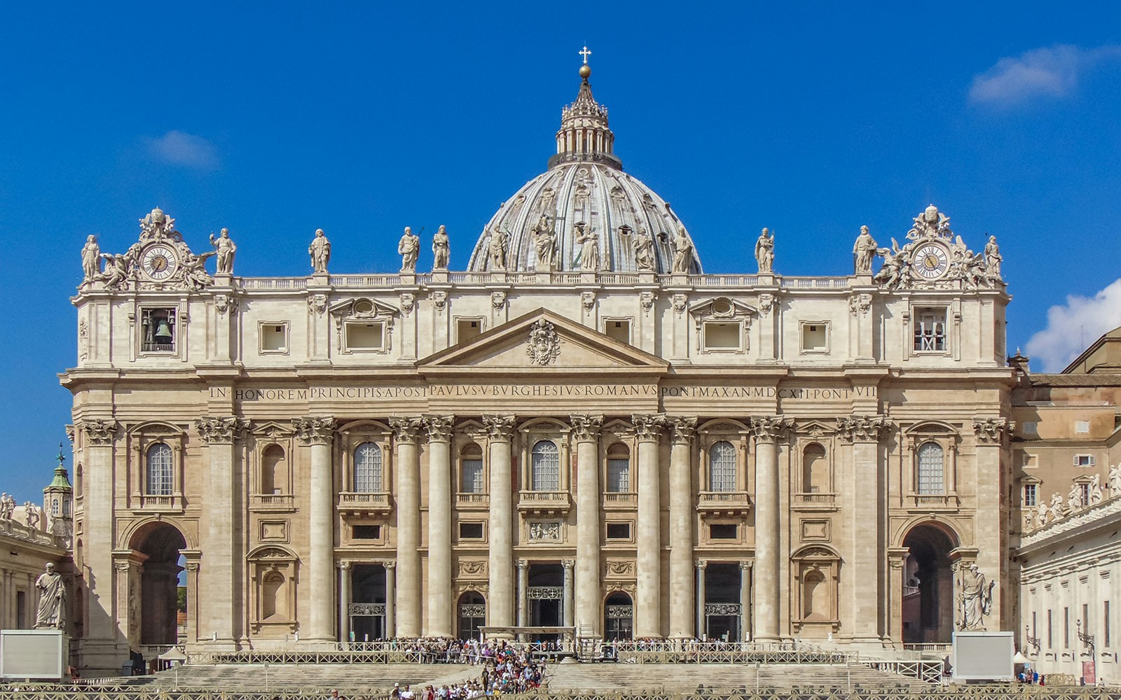 St Peter's Basilica exterior view, Vatican City, showcasing iconic dome and architectural details.