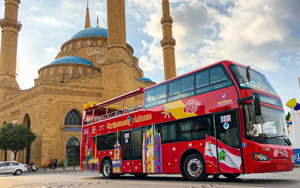 Sightseeing bus in front of Mohammad Al Amin Mosque, Beirut.