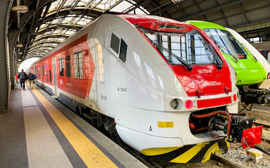 Malpensa Express train at Milan station platform, Italy.