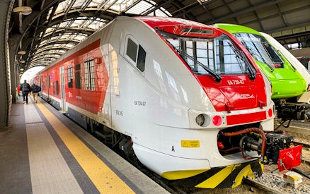 Malpensa Express train at Milan station platform, Italy.