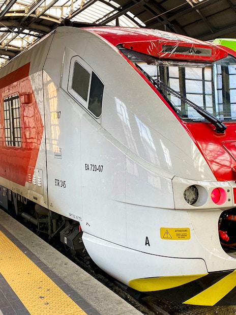 Malpensa Express train at Milan station platform, Italy.