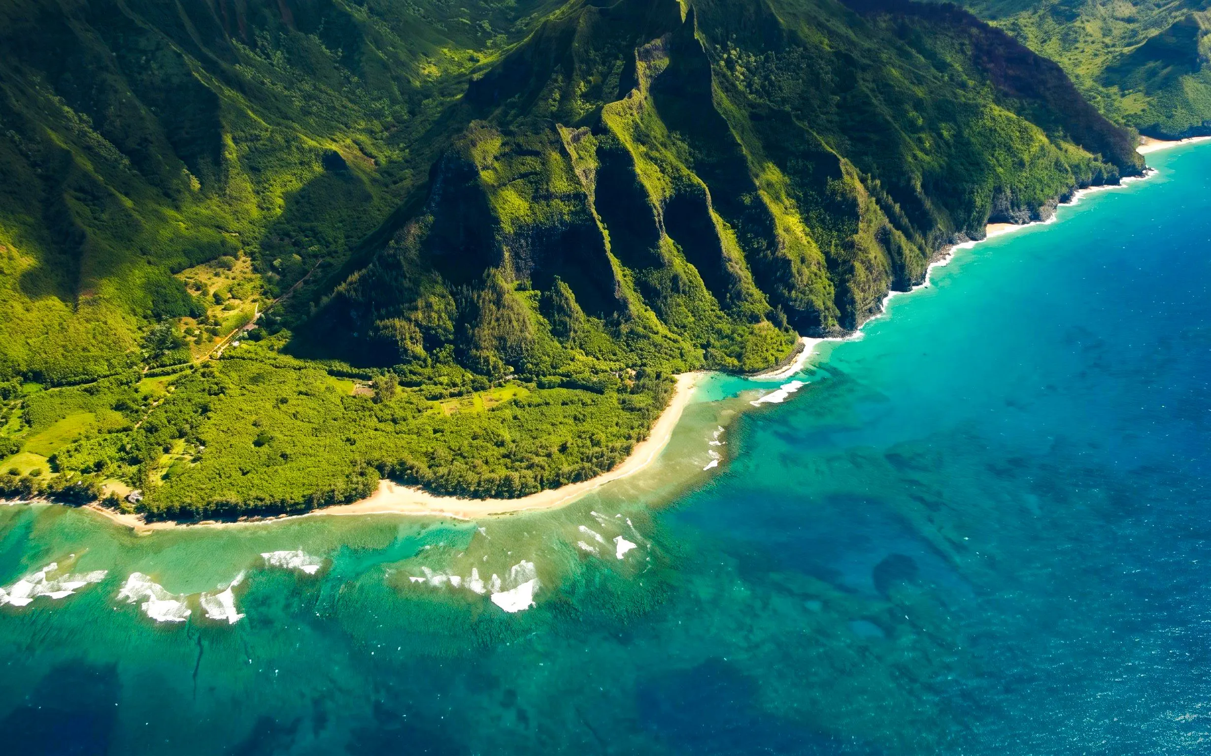 Aerial view of Kauai coastline with lush green cliffs and turquoise ocean.