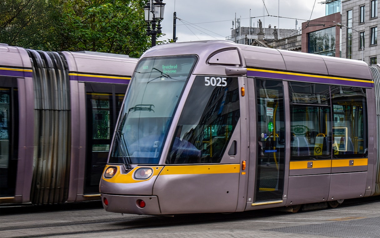 Luas tram traveling through Dublin city center.