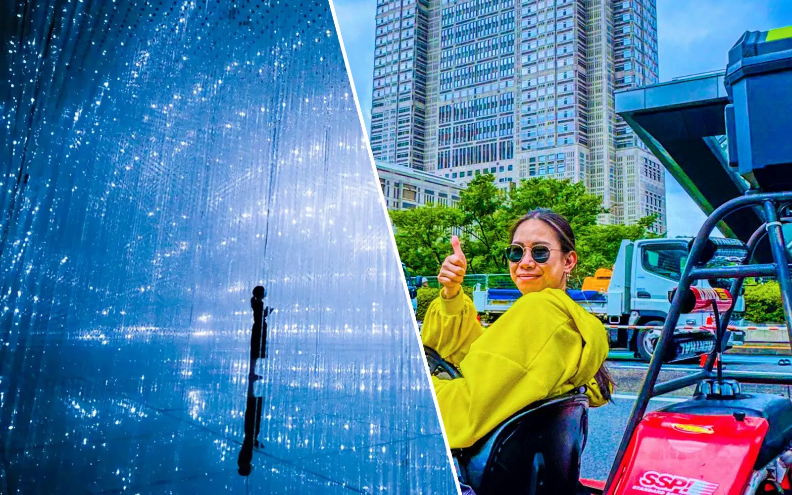 Visitors at TeamLab Planets Tokyo digital art installation; woman in go-kart at Shibuya.