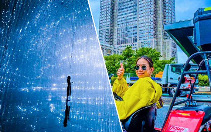 Visitors at TeamLab Planets Tokyo digital art installation; woman in go-kart at Shibuya.