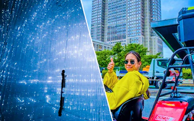 Visitors at TeamLab Planets Tokyo digital art installation; woman in go-kart at Shibuya.