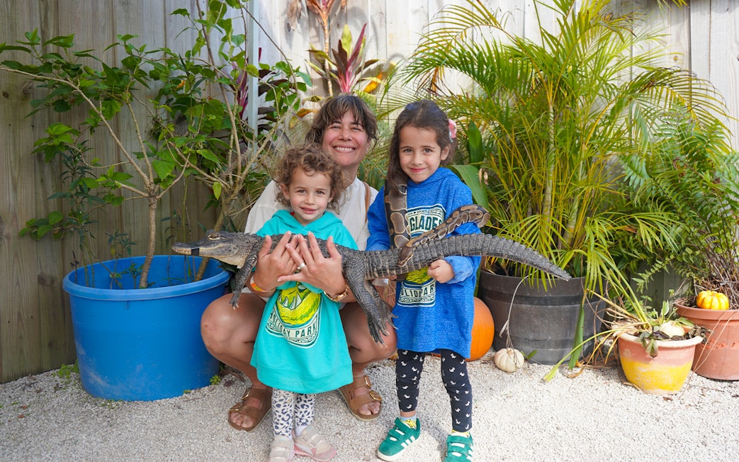Family holding a small alligator at Holiday Park animal encounter.