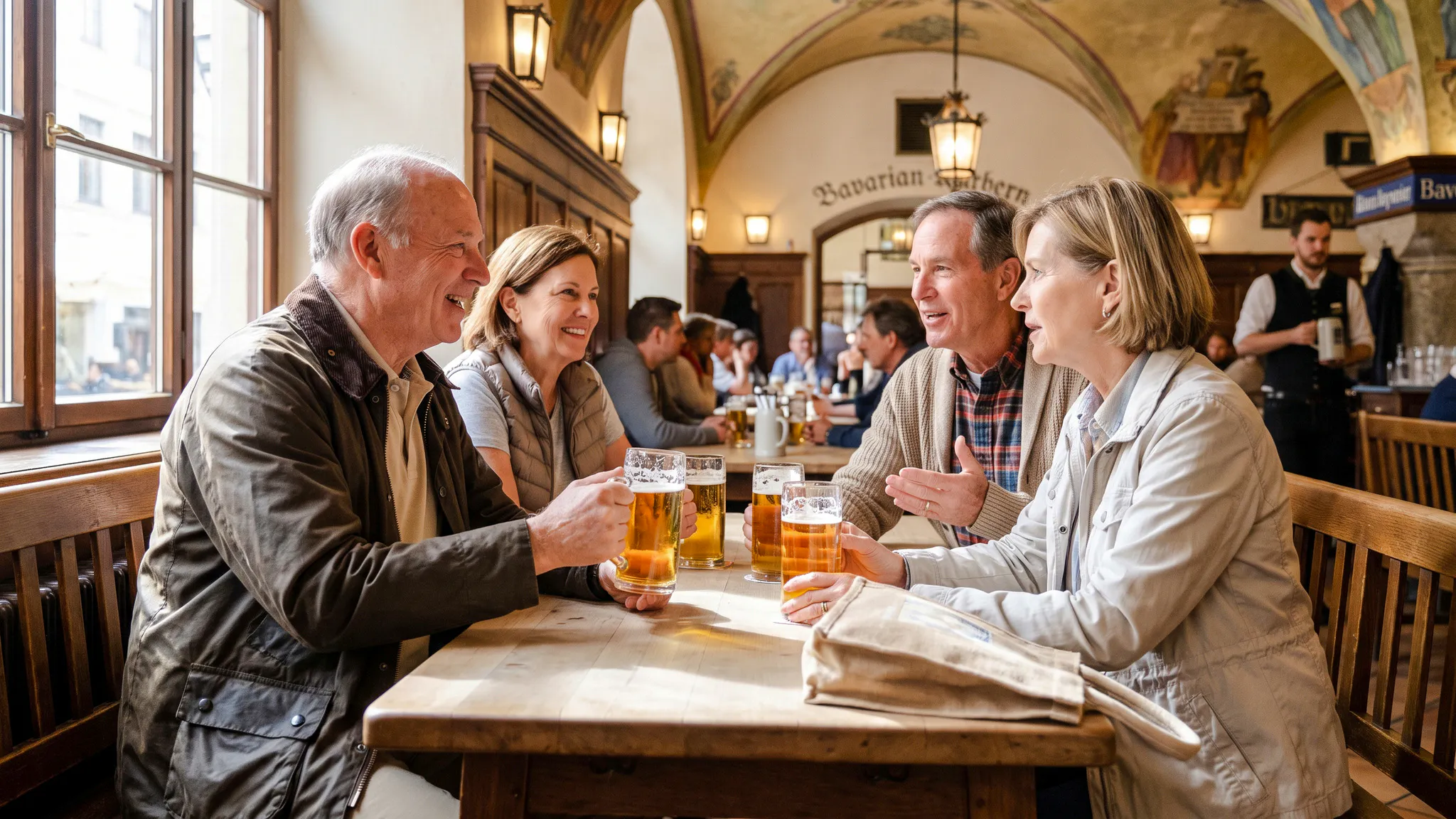 Group enjoying beer at a traditional Bavarian tavern in Munich during Oktoberfest walking tour.