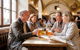 Group enjoying beer at a traditional Bavarian tavern in Munich during Oktoberfest walking tour.