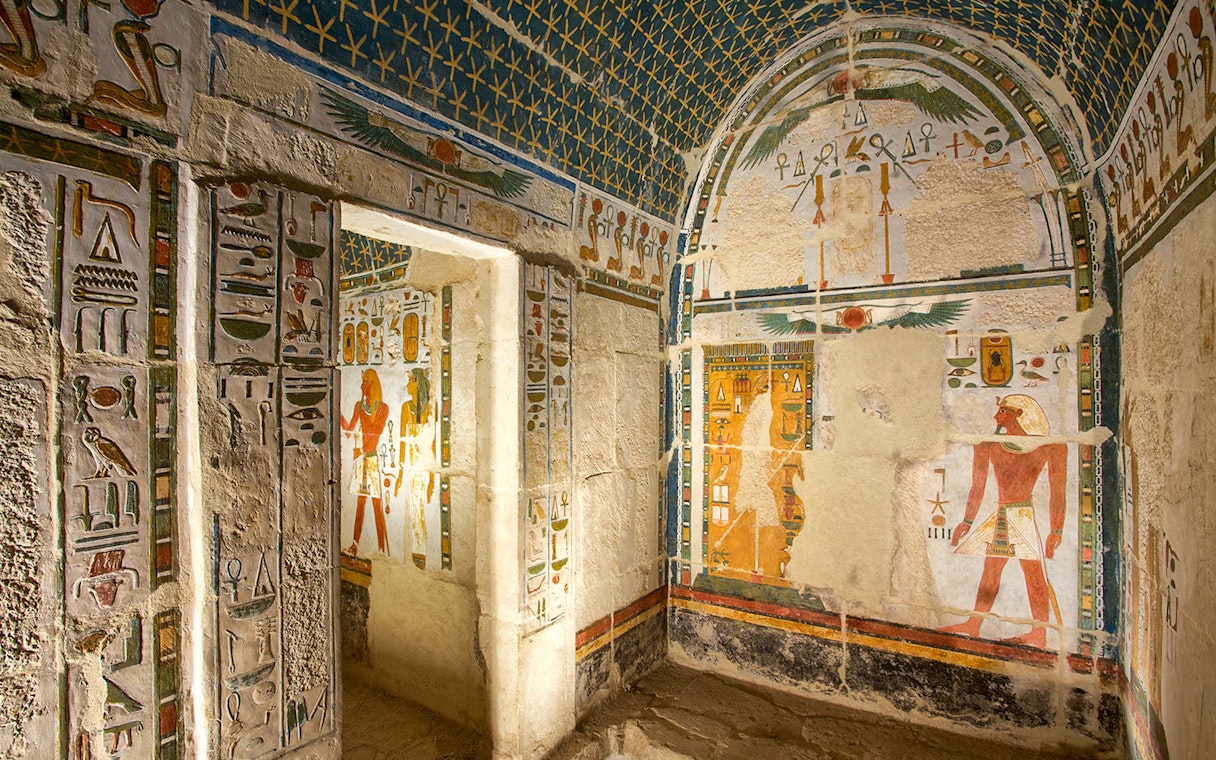 Upper Anubis shrine with hieroglyphs, Temple of Hatshepsut, Egypt.