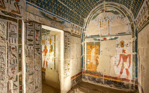 Upper Anubis shrine with hieroglyphs, Temple of Hatshepsut, Egypt.