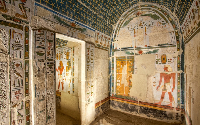 Upper Anubis shrine with hieroglyphs, Temple of Hatshepsut, Egypt.