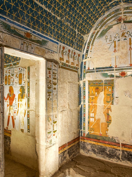 Upper Anubis shrine with hieroglyphs, Temple of Hatshepsut, Egypt.