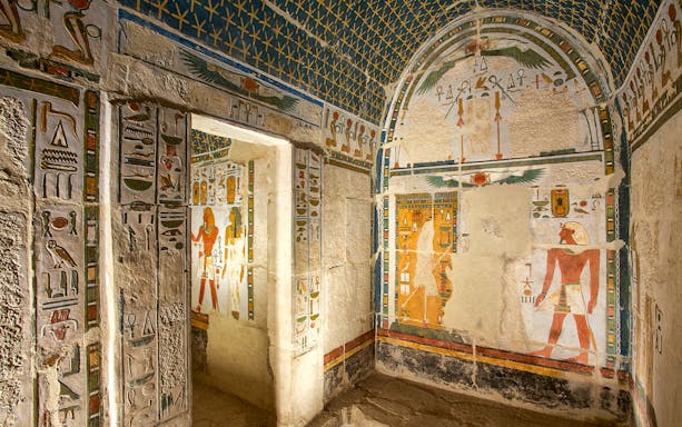 Upper Anubis shrine with hieroglyphs, Temple of Hatshepsut, Egypt.