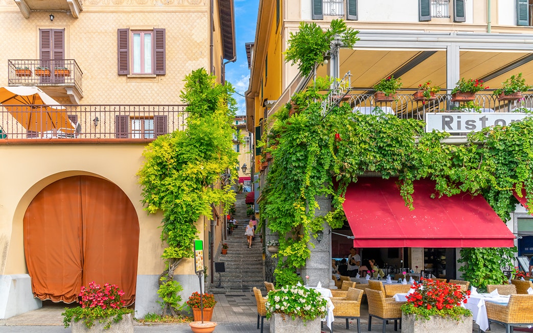Steep staircase between buildings in Bellagio's lakefront village.