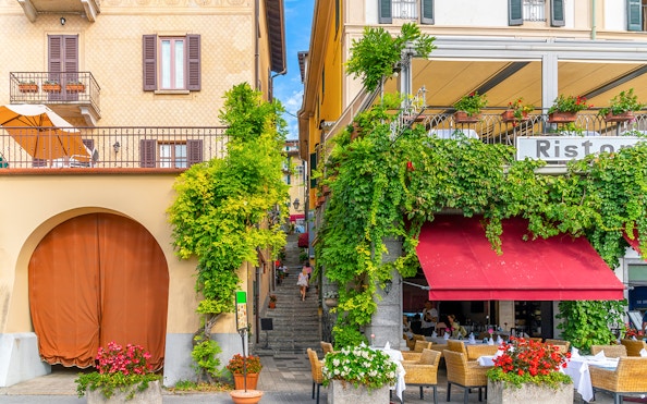 Steep staircase between buildings in Bellagio's lakefront village.