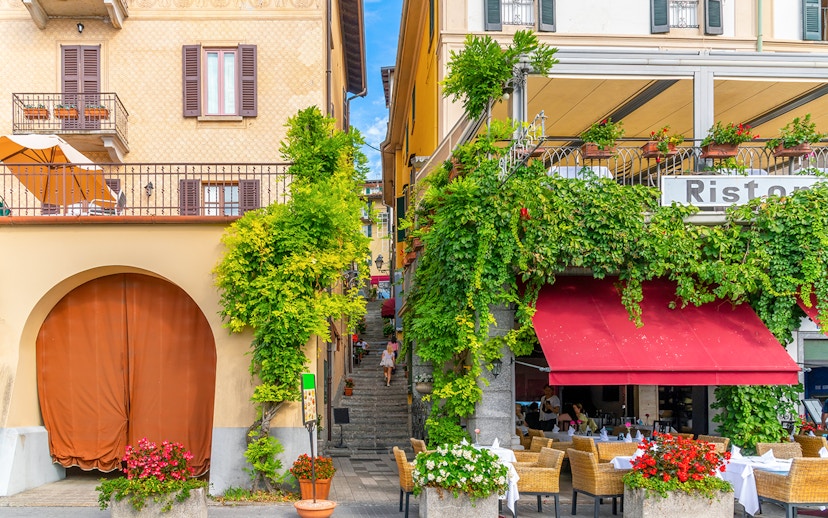 Steep staircase between buildings in Bellagio's lakefront village.