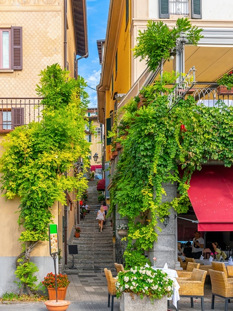 Steep staircase between buildings in Bellagio's lakefront village.