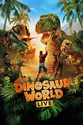 Dinosaur World Live show with performers and animatronic dinosaurs in a jungle setting.