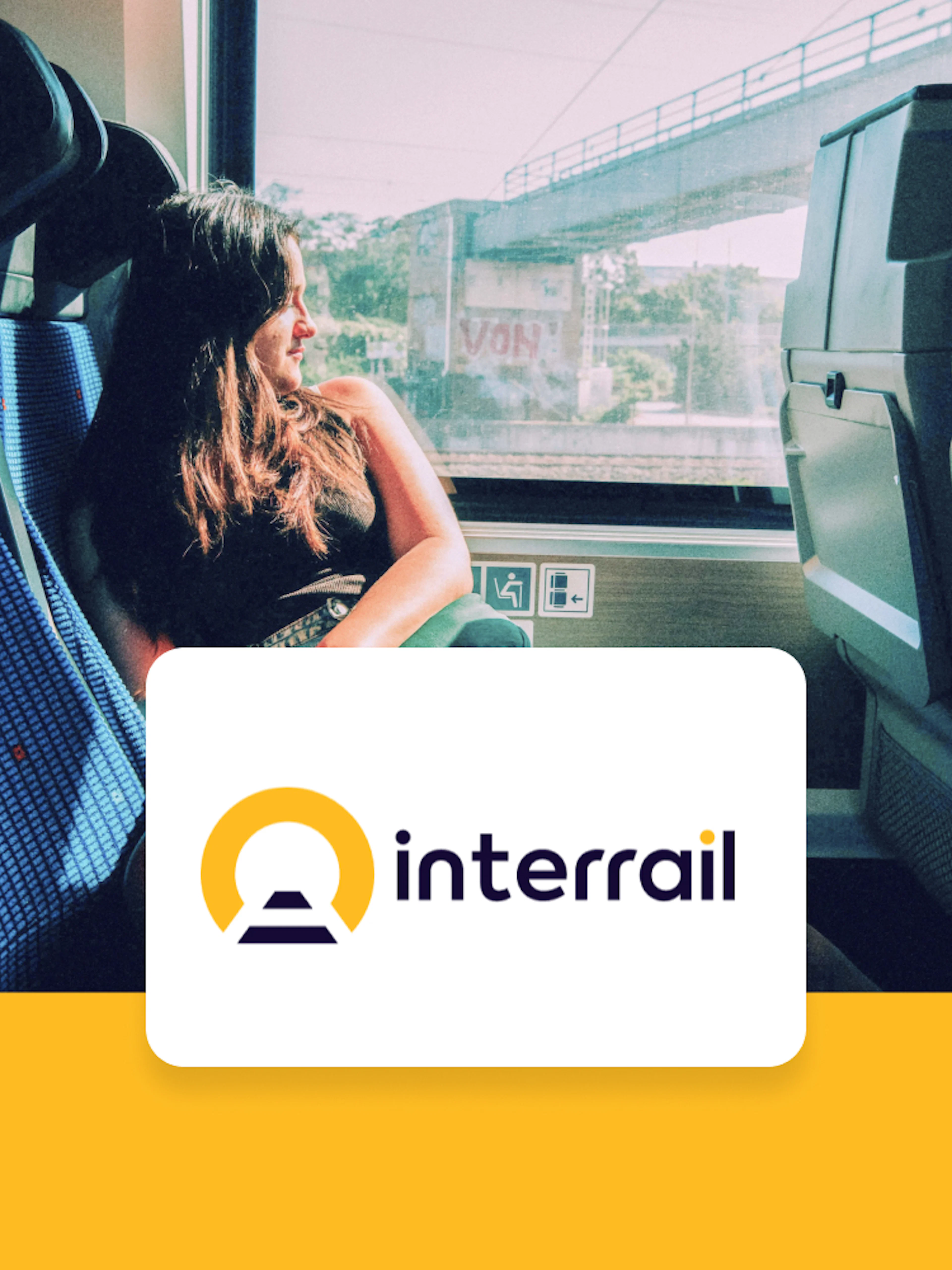 Passenger enjoying scenic view from train window, Interrail Global Continuous Pass.