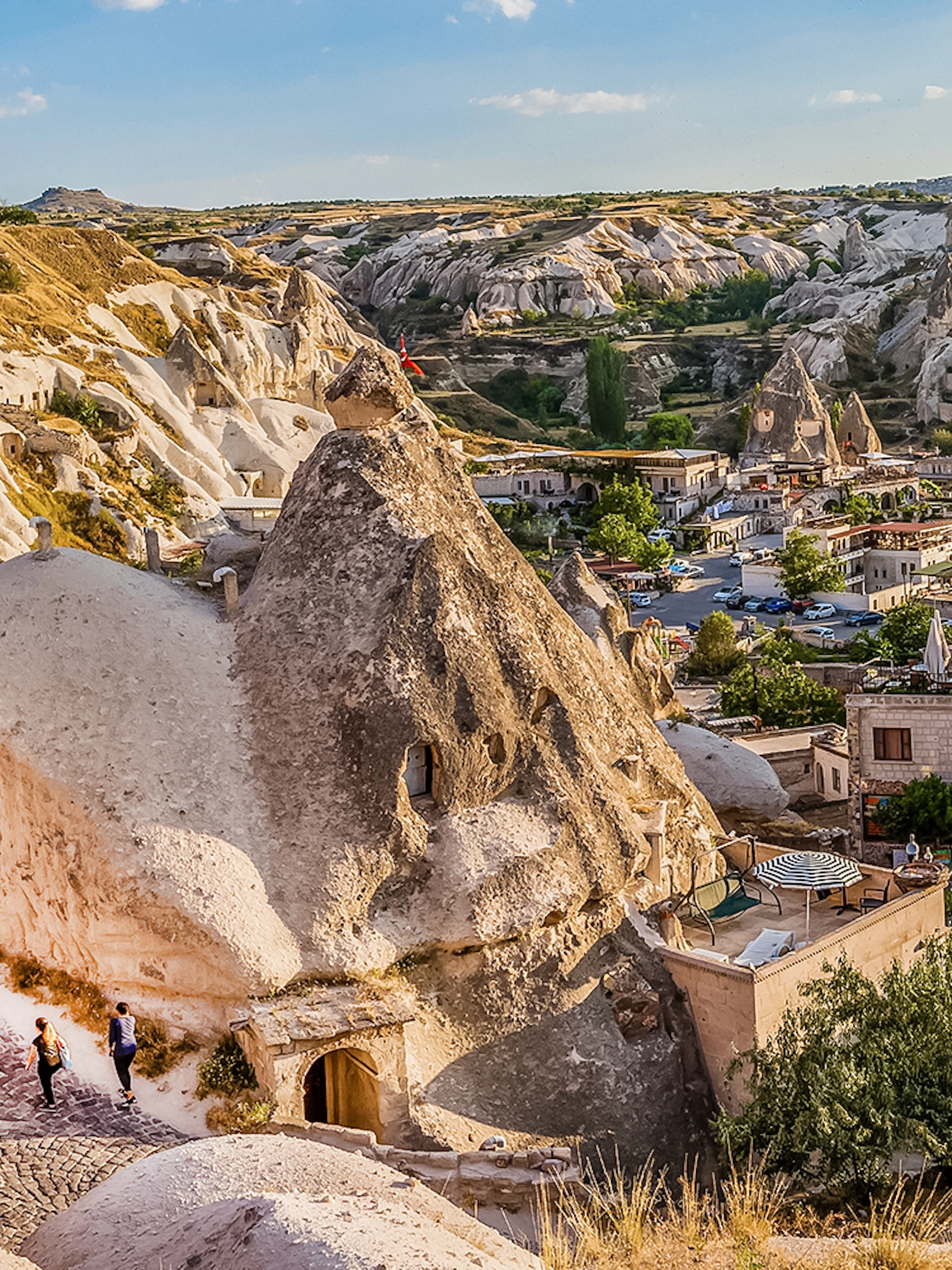 Goreme Cappadocia panoramic view with unique rock formations and cave dwellings.