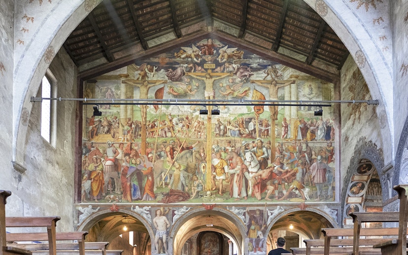 Church of S Maria degli Angioli interior with Passion and Crucifixion fresco, Lugano, Switzerland.
