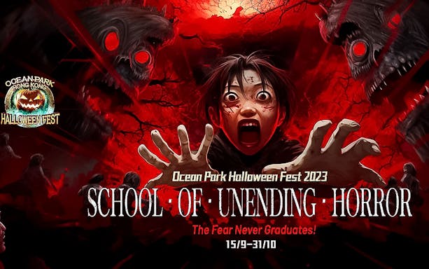 Ocean Park Hong Kong Halloween Fest 2023 poster with haunted theme and screaming character.