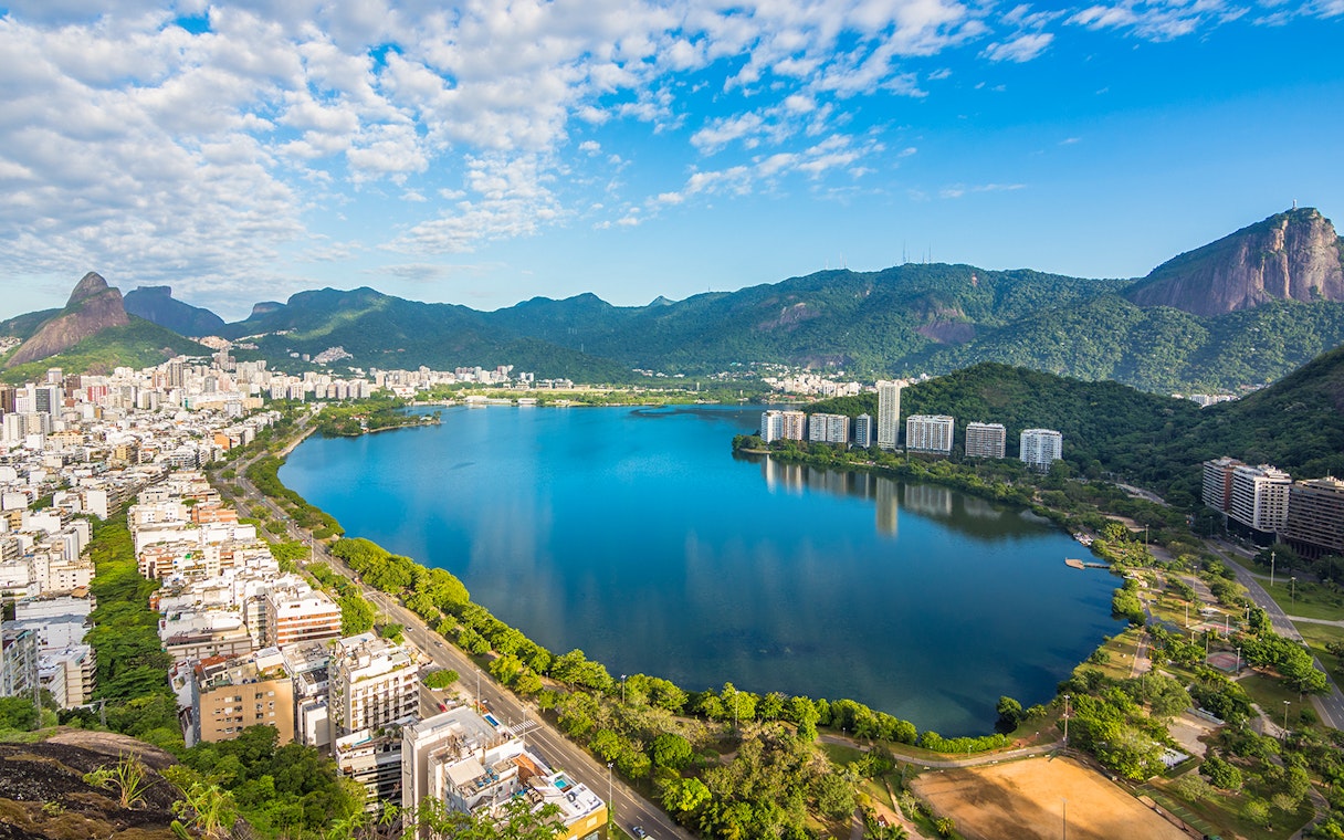 Rodrigo de Freitas Lagoon aerial view with cityscape and mountains, Rio de Janeiro.