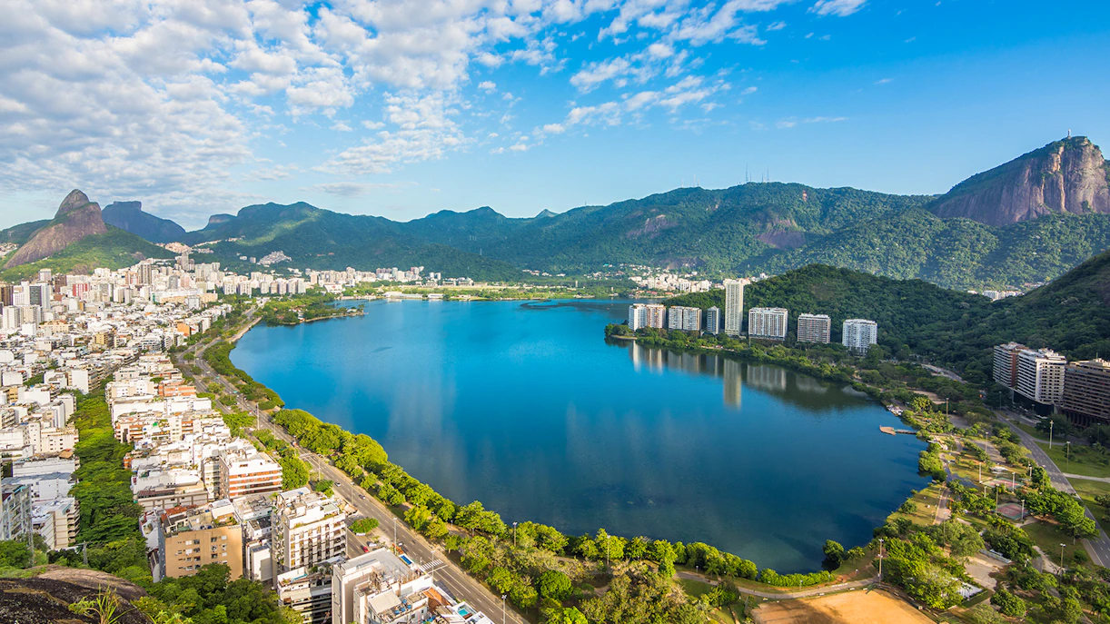 Rodrigo de Freitas Lagoon aerial view with cityscape and mountains, Rio de Janeiro.