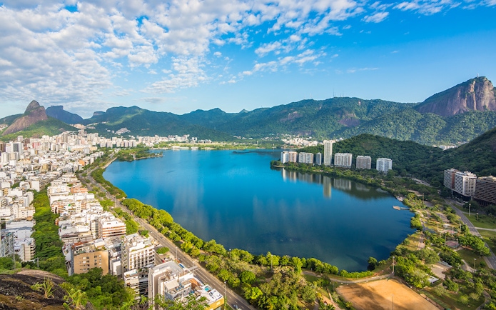 Rodrigo de Freitas Lagoon aerial view with cityscape and mountains, Rio de Janeiro.