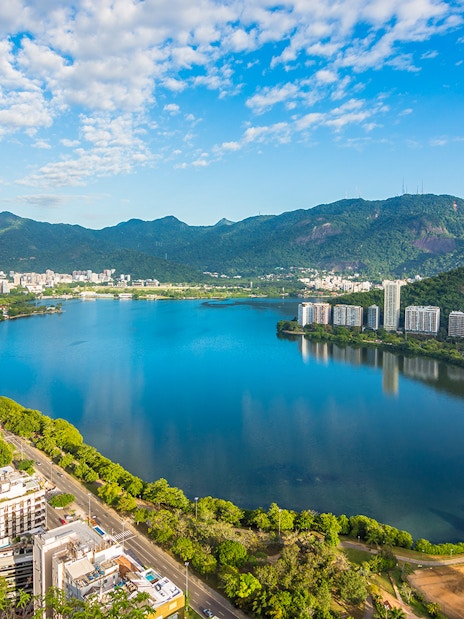 Rodrigo de Freitas Lagoon aerial view with cityscape and mountains, Rio de Janeiro.