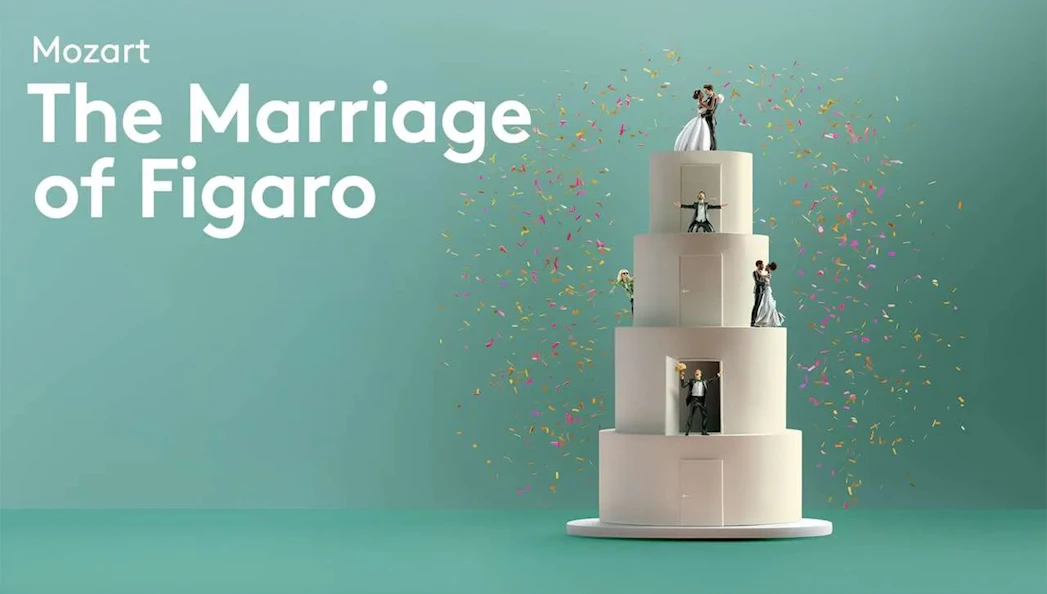 Mozart's The Marriage of Figaro characters on a tiered cake with confetti.
