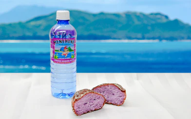 Poi malasada and Hawaiian water bottle with ocean view in Hawaii.