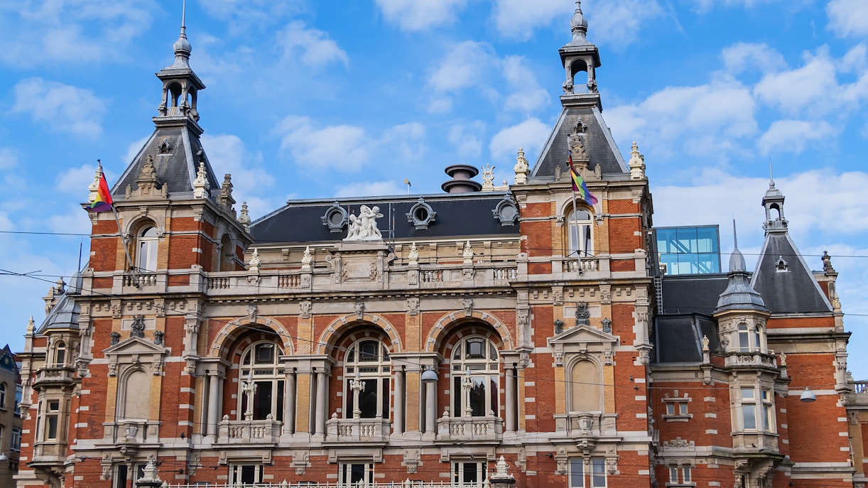 Neo-renaissance facade of International Theater Amsterdam on Leidseplein, Amsterdam.